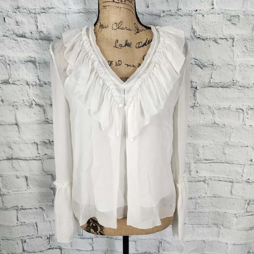 Intermix top Sz S long sleeve line semisheer v ruffle neck blouse A37C